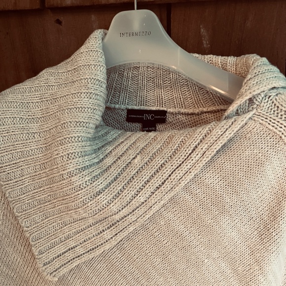 INC Poncho Slit Cowl Neck Fringe Boho Tan Sweater Pockets One Size - Picture 4 of 10